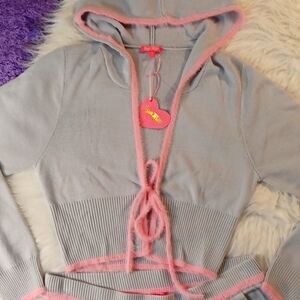 DOLLSKILL SUGAR THRILLZ 1X CRYSTAL QUIET SKIRT SET GRAY/PINK TRIM SOFT KNIT